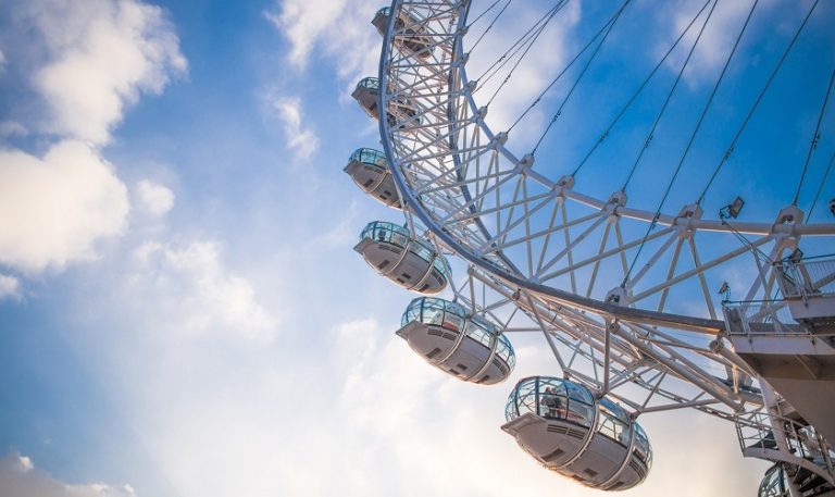 Image shows the London Eye against a blue sky.